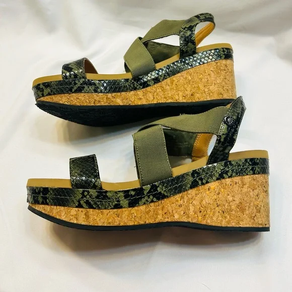 Yellow Box Olive and Snake Skin Wedge Sandals - Picture 4 of 7